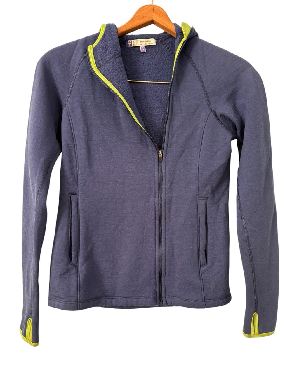 ibex Purple Wool Zip Front Hoodie with Lime Trim Sweater Jacket S